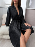 Taooba Christmas Outfit Leopard Print Night Robe Long Sleeve V Neck Robe With Belt  Women's Sleepwear