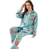 Taooba Women's Pajamas Sets Spring Autumn 2 Piece Flamingo Print Pyjama Faux Silk Satin Sleepwear Long Sleeve Pijama Mujer Pjs Homewear