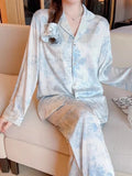 Taooba Christmas Outfit M-5XL Loose Brand Women Pajamas Set Luxury Sleepwear Print Smooth Faux Silk Pajama Set Home Clothe Nightclothes Summer Outfits