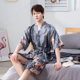 Taooba-Half Sleeve Print Men Satin Kimono Nightwear Crane Sleepwear Home Dressing Gown Robe Set Loungewear Nightgown Bathrobe