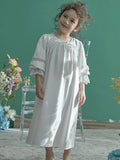 Taooba Vintage Princess Soft Cotton Half Sleeve Parent-child Matching Nightgowns Spring Autumn Sweet Kid's Lace Sleepwear