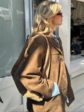 Taooba Fashion Brown Lapel With Pocket Jacket Woman Casual Single Breasted Long Sleeve Short Coat 2024 Lady Autumn High Street Outwear