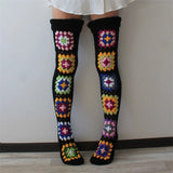 Taooba-Women's Autumn Winter Thigh Socks Extra Long Ethnic Crochet Knit Stockings Over Knee Socks