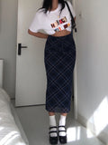 Taooba- Y2k Plaid Long Skirt Low Waist Slim Women Streetwear Gyaru Mesh Patchwork Straight Maxi Skirt Autumn Fashion Girl