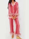 Taooba-Y2K Stripes 2 Piece Pajama Set with Feathers Women Long Sleeves Shirt and Elastic Pants for Loungewear Sleepwear for Nightwear