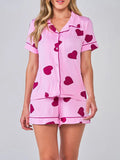 Taooba-2024 Valentine's Day Women 2 Piece Pajama Set Heart Print Short Sleeves Button Shirt and Elastic Shorts Loungewear Sleepwear