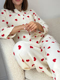 Taooba-Autumn Women 2 Piece Pajama Set Korean Heart Print Long Sleeves Button Shirt and Elastic Pants CottonLoungewear Soft Sleepwear