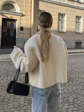 Taooba White Fashion Zipper Lamb Wool Jacket For Women Chic Lapel Long Sleeve Loose Cropped Coat Female Fall Winter Casual Outwear 2024