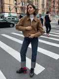 Taooba Fashion Studded Spliced Long Sleeves Jacket Women Turn-down Collar Slim Cropped Coat Autumn New Lady Office Commute Outwear