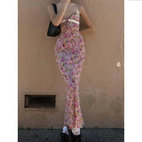 Taooba-2024 summer new women's French romantic flower print V-neck lace stitching suspender dress