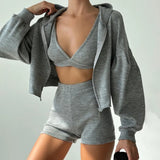 Taooba-2024 Spring and Summer knitted zipper hooded cardigan sweatshirt V-neck bra high-waisted tight shorts casual three-piece set