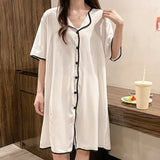 Taooba Christmas Outfit Plus Size M-4XL Women's Nightgown Summer Sweet Short Sleeve Home Dress Ice Silk Night Skirt Cardigan Cute Korean Night Gown