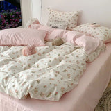 Taooba Pink Floral Bedding Set Soft Ins Single Double Queen Size Duvet Cover Flat Sheet Pillowcase Girls Home Totel Bed Linens