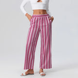 Taooba Women Classic Striped Loose Straight Leg Pants Mid Elastic Waist Casual Sleep Bottoms Female Lounge Pants