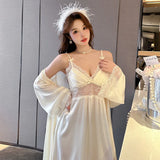 Taooba-Spaghetti Strap Nightdress Women's 2024 New French Long Dress Lace Hollow Satin Nightgown Bathrobe Sexy Two-Piece Sleepwear Set