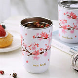 Taooba-304 Stainless Stee Cup Cherry Blossom Thermal Mug with Lid Hands-on Straw Cup Milk Tea Coffee Cup Leak-Proof Water Cup Travel