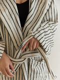 Taooba-Retro Stripe Cotton Bathrobe Super Soft Absorption V Neck Sleepwear Warm Robes Women Hooded Loose Bath Robe Coat Towel Homewear