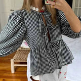 Taooba-Y2K Vintage Plaid T-shirt Front Tie Up Bowknot Blouse Tees Summer Beach Vacation Kawaii Puff Sleeve Ruffles Hem Loose Crop Tops