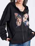 Taooba-Women Butterfly Print Hoodies Y2K Harajuku Oversized Long Sleeve Zip Up Hooded Jacket Female Autumn Hip Hop Punk Sweatshirt Top