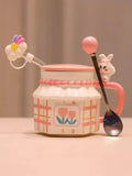 Taooba--Cute Ceramic Cup with Lid Spoon Girl's Birthday Gift Mug Home Coffee Breakfast Cup Creative