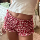 Taooba-Plaid Bloomer Shorts y2k Clothes Women Elastic Waist Ruffles Cake Shorts Bottoming Sweet Girl Lolita Pettipants