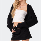 Taooba-Women Y2K Crochet Shrug Sweater Knit Long Sleeve Solid Color Open Front Cropped Cardigan Crop Tops Streetwear