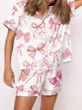 Taooba-Y2k Pink Bow Silk Pajama Sets for Women 2 Piece Preppy Pjs Shorts Cute Short Sleeve Matching Pj Lounge Shirts Sets