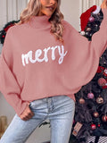 Taooba-Women Merry Sweaters Turtleneck Long Sleeve Letter Print Loose Knitted Pullover Merry Christmas Sweater