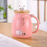 1pc 420ml Cartoon Cat Ceramic Mug Portable Coffee Cup With Wooden Lid And Stainless Steel Spoon Handle Drinking Cup For Home