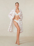 Taooba Women Fruit Robe Bow Floral Cherry Print Open Front Long Plush Bathrobe Fluffy Fleece Fuzzy Shawl Collar Spa Robes with Belt