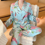 Taooba Christmas Outfit Women's Pajamas Sets Spring Autumn 2 Piece Flamingo Print Pyjama Faux Silk Satin Sleepwear Long Sleeve Pijama Mujer Pjs Homewear