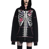 Taooba-Gothic Hoodies y2k Women Skeleton/Skull Print Zip Up Long Sleeve Tops with Pockets Cyber Punk Clothes 2000s Sweatshirt Outwear