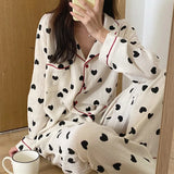 Taooba Christmas gift 2 Pieces Womens Pajamas Long Sleeve Sleepwear Korean Heart Print Pijama Set Casual Nightwear Lady Home Suit Spring Pyjama Nighty