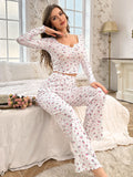 Taooba Women's Sleepwear Ditsy Floral Print Lettuce Trim PaJamas Set  Elastic Waistband  Loungewear Full Sleeve Nightwear