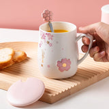 1set 400ml Cherry Blossom Ceramic Water Cup with Lid and Spoon Heat Resistant Cups for Home Office Embossed Coffee Mug Gift