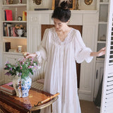 Taooba Vintage Soft Cotton White Lace Long Nightgowns For Women Long Sleeve Elegant Nightshirts Comfortable Loose Night Dress