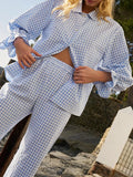 Taooba Fashion Women 2 Piece Plaid Pants Set Flare Long Sleeve Button Shirt Ruffle Hem Bell Gingham Pants Pj Lounge Set Sleepwear