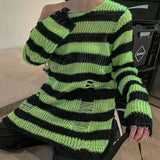 Taooba New Goth Punk Gothic Sweater Oversized Pullovers Women Striped Cool Hollow Out Hole Broken Jumper Harajuku Aesthetics Sweater