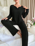 Taooba Women Autumn Winter Sleepwear Ribbed Pajamas Set Long Sleeve Top and Long Pants 2 Piece Set Casual Homewear Loungewear