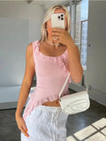 Taooba  Casual Backless Ruffled Y2k Top Vest Patchwork Strapless High Street Top Fashion Cute Solid Scoop Neck Tank Top Pullover