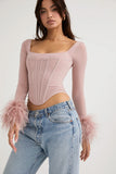 Taooba-Women's Feather Trim Long Sleeve Crop Top Square Neck Bustier Corset Top Faux Fur Y2K Fairy Basic Summer Tee Shirt