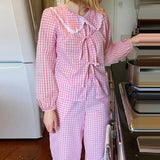 Taooba Cottage Plaid Loungewear Doll Collar Front Bowknot Tie Up Blouse T-shirt + Wide Leg Pants Vintage Sleepwear 2 Piece Set Women