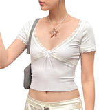 Taooba-Fairy Grunge y2k Crop Top Summer Women V Neck Short Sleeve Lace Patchwork T Shirts White Baby Tees 2000s Clothing Streetwear