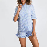 Taooba-Y2k Kawaii Women 2 Piec Plaid Pajamas Shorts Sets Ruffle Short Sleeve Shirts Tops Outfits Pj Lounge Sleepwear Summer Homesuits