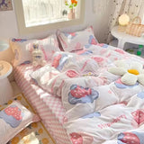 Pink Rose Bedding Set INS Korean Style Twin Full Queen Size Bed Linen Girls Floral Duvet Cover Flat Sheet Pillowcase Kit Kawaii