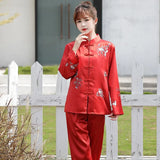 Taooba-Pritning Flower Chinese Pajamas Sleep Set Shirt Pant Stand Collar Nightwear 2Pcs Embroidery Silk Vintage Button Sleepwear