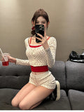 Taooba 2024 New Korean Fashion Party 3 Piece Set Woman Knitted Cardigan + Casual Short Vest + Slim Shorts Outwear Sweet Suit Female