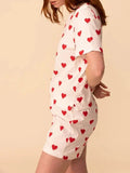 Taooba-2024 Valentine's Day Women 2pcs Pajama Set Heart Print Short Sleeve Crew Neck T-shirt with Shorts Sleepwear Loungewear