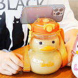 1pc 1000ml Cute Duck Water Bottle with Strap Straw for Girls Plastic Cup Portable Drinking Bottle Kids Water Bottle BPA Free