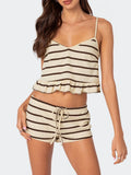 Taooba-Women's Summer Loungewear Set, Stripe Print Ruffled Cami Tops with Drawstring Shorts Sleepwear